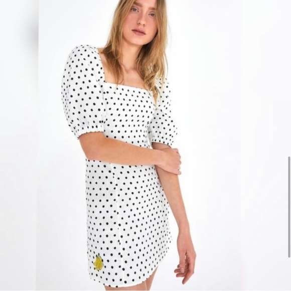 NWT Farm Rio 100% Linen Black & White Polka Dot Puff Sleeve Smocked Back Dress - Picture 1 of 10
